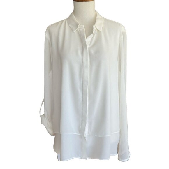 Catherine Malandrino Ivory Collared Long Sleeve Button Up Blouse Women's Sz L - Picture 8 of 11
